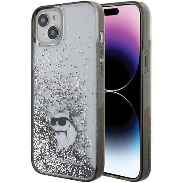 Karl Lagerfeld Skystas blizgučių Choupette dėklas iPhone 15 Plus - permatoma