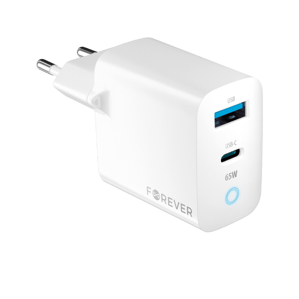 Forever TC-06-65AC GaN PD QC įkroviklis 1x USB-C 1x USB 65W baltas