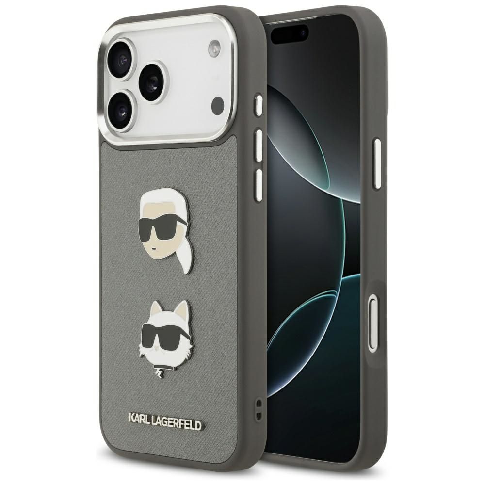 Karl Lagerfeld FW Grūdėtas Karl & Choupette Heads Pins & Logo dėklas telefonui iPhone 17 Pro Max - pilkas