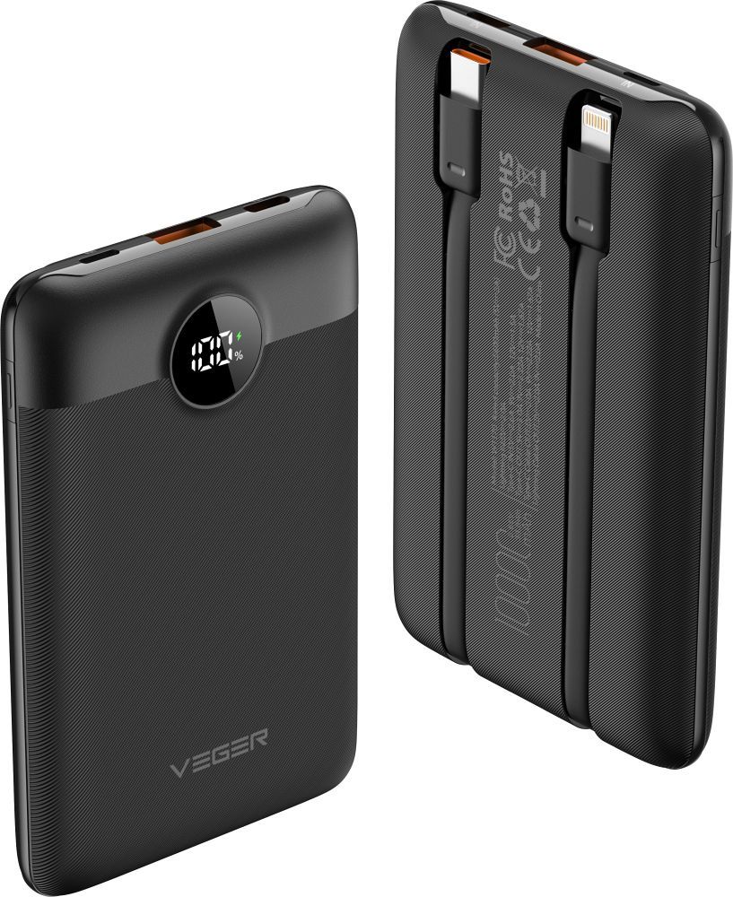 VEGER išorinė baterija 10000 mAh su įmontuotais kabeliais Type C / Lightning PD QC3.0 2A 22,5W C11 (W1170) juoda