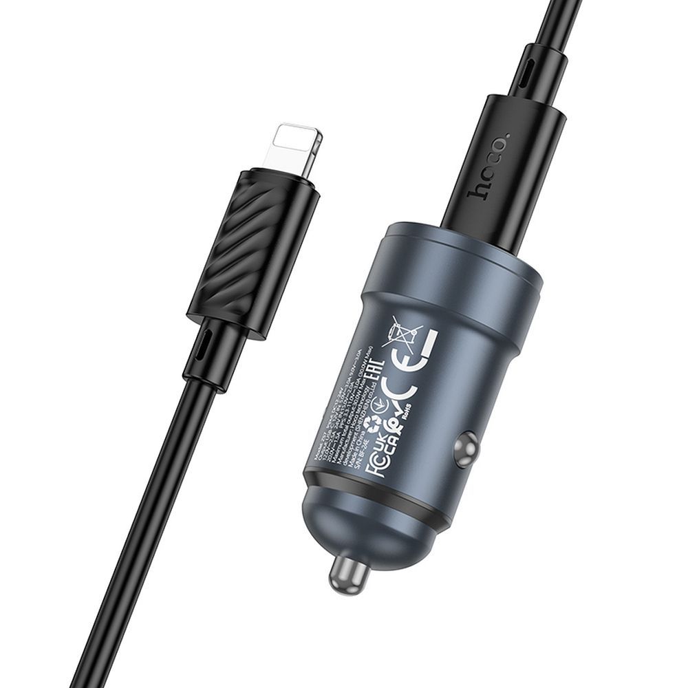 Automobilinis įkroviklis Hoco USB C QC3.0 PD 30W + kabelis USB C į Lightning Z57 metalinis pilkas