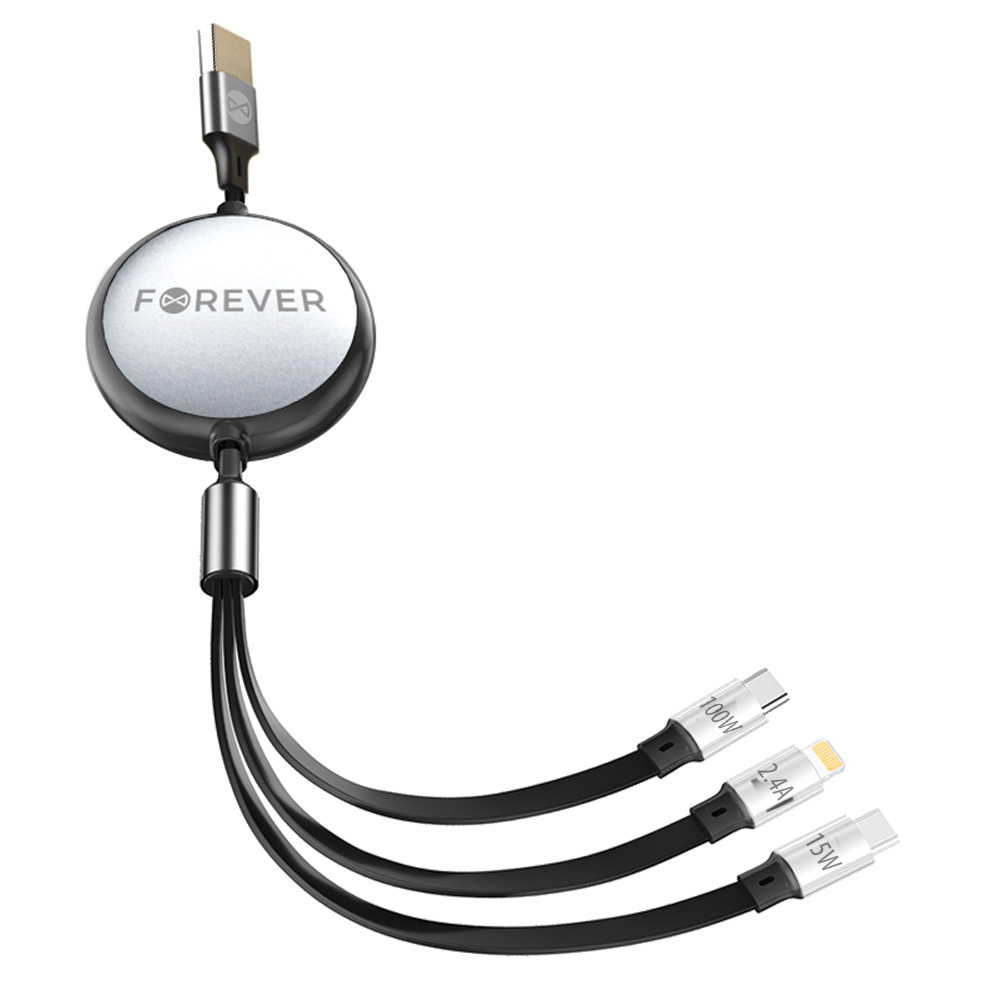 "Forever 3in1" kabelis USB - "Lightning" + 2x USB-C 1,2 m 100 W juodas