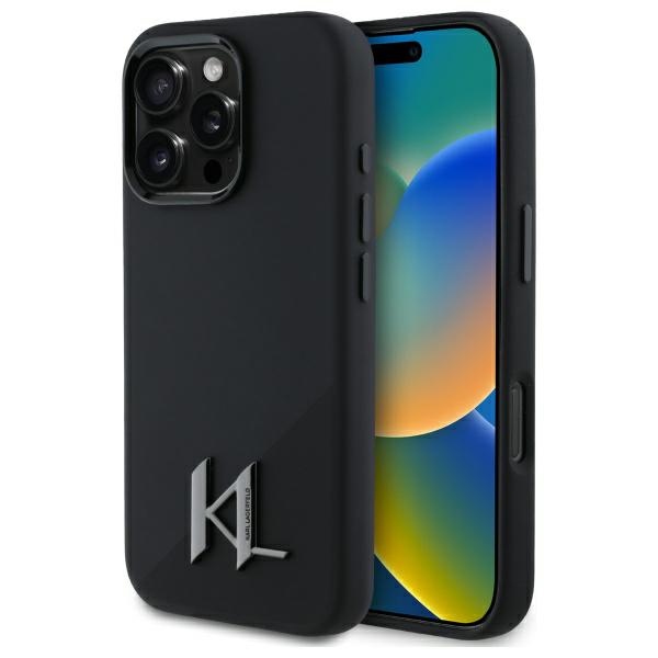 Karl Lagerfeld Silicone Shadow Metal Initial Magnetinis iPhone 16 Pro dėklas - juodas