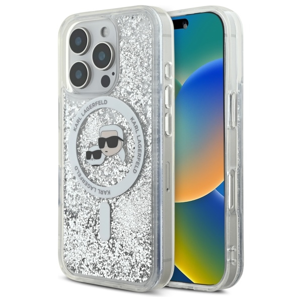 Karl Lagerfeld Liquid Glitter Karl & Choupette Head Magnetinis dėklas telefonui iPhone 16 Pro Max - skaidrus