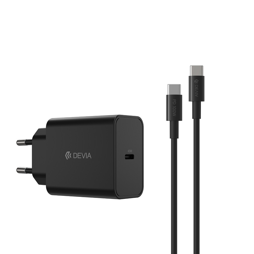 Devia wall įkroviklis Rocket PD 45W 1x USB-C baltas + laidas USB-C - USB-C