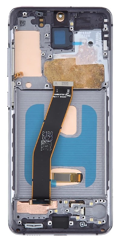 LCD ekranas Samsung G981F/G980F S20 su jutikliniu ekranu ir rėmeliu Cosmic Grey OLED (tikrasis dydis)