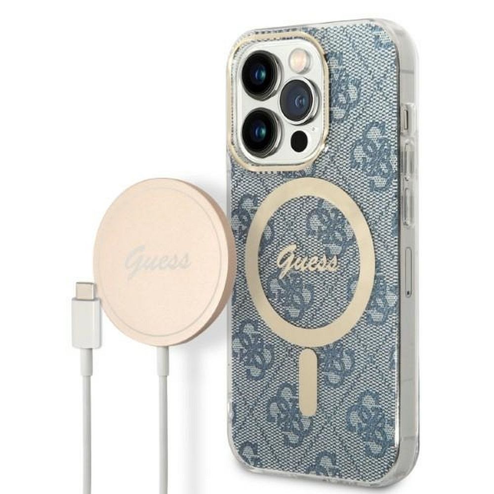 Rinkinys Guess GUBPP14LH4EACSB dėklas + įkroviklis iPhone 14 Pro 6.1" mėlynas kietas dėklas su 4G raštu Magnetinis