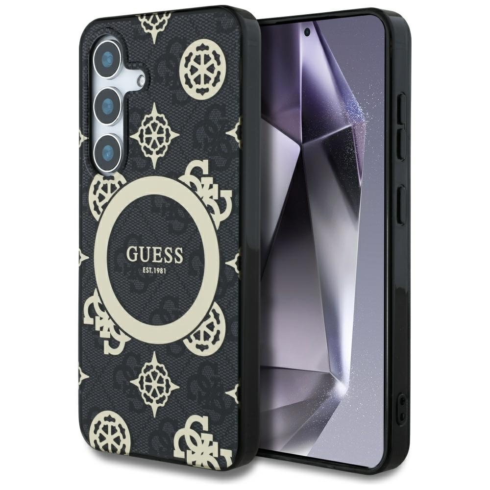 Guess 4G fono auksu padengtas bijūnų rašto magnetinis dėklas telefonui Samsung Galaxy S25 juodas