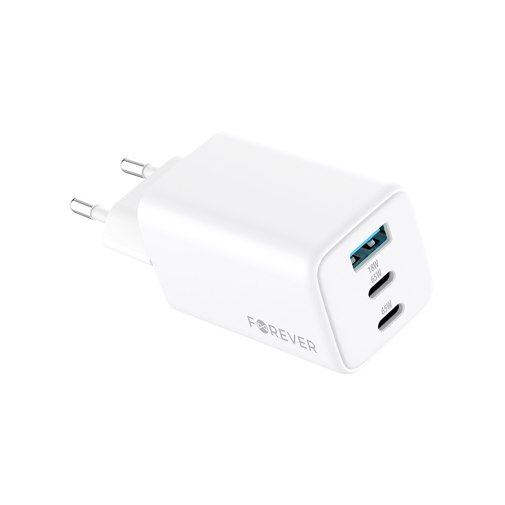 "Forever TC-08-65ACC GaN PD QC įkroviklis 2x USB-C 1x USB 65W baltas