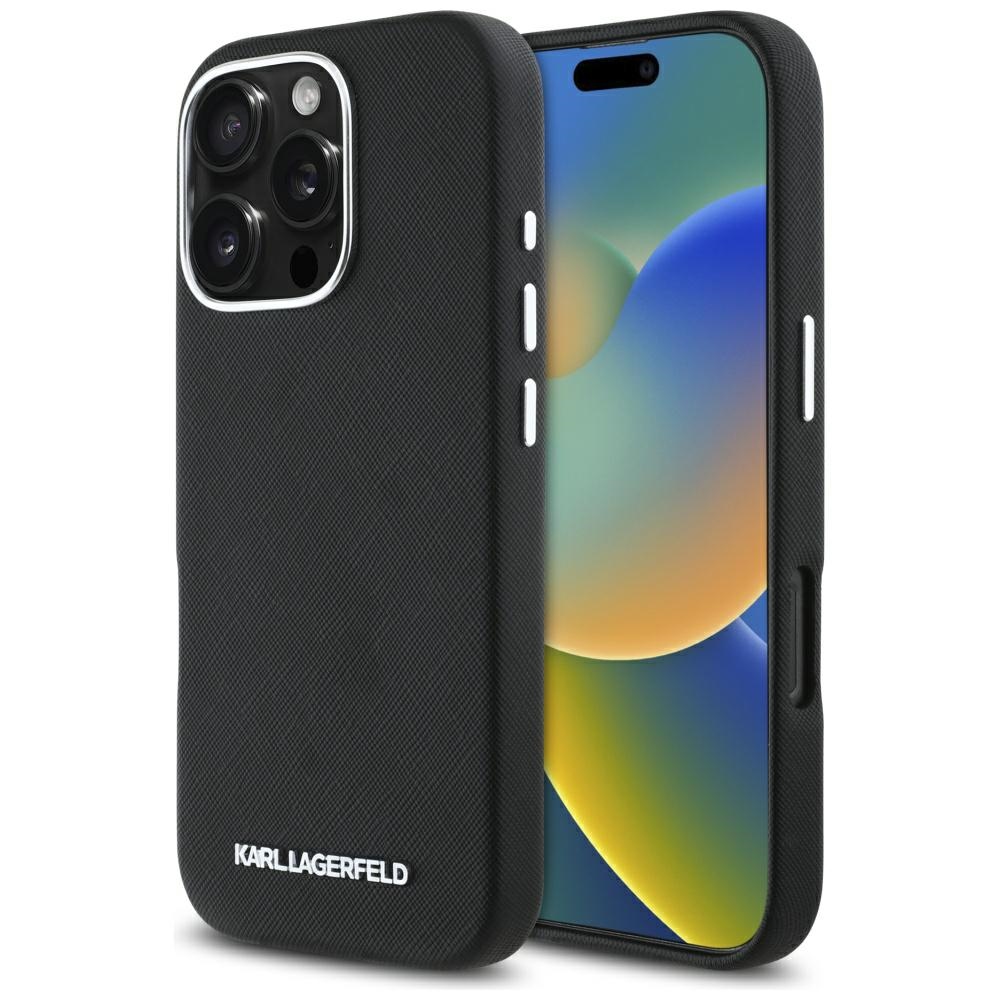Karl Lagerfeld Saffiano pilnai aptrauktas pailgo metalinio logotipo magnetinis dėklas telefonui iPhone 16 Pro - juodas