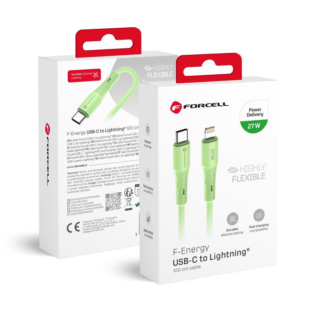 FORCELL F-ENERGY C346 kabelis Type C į Lightning PD 3A 27W Silicone 1 m žalias