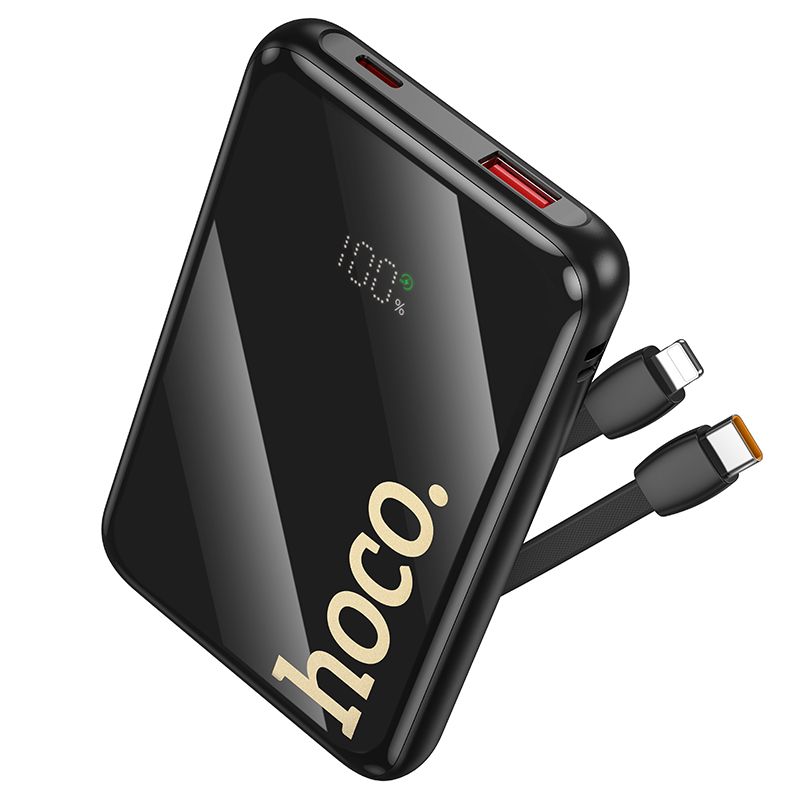 Išorinė baterija Hoco 10000 mAh QC PD 22,5W su integruotais laidais USB C + Lightning Q37 juoda