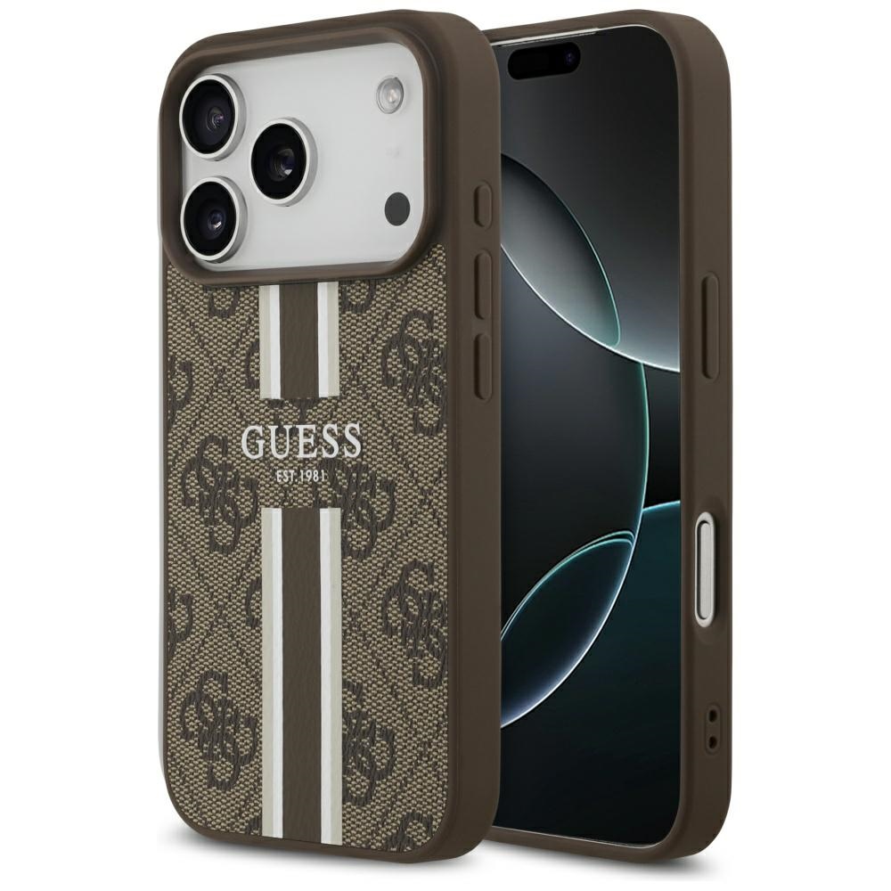 GUESS dėklas telefonui IPHONE 17 Pro, suderinamas su MagSafe GUHMP17LP4RPSW (4G Printed Stripes), rudas