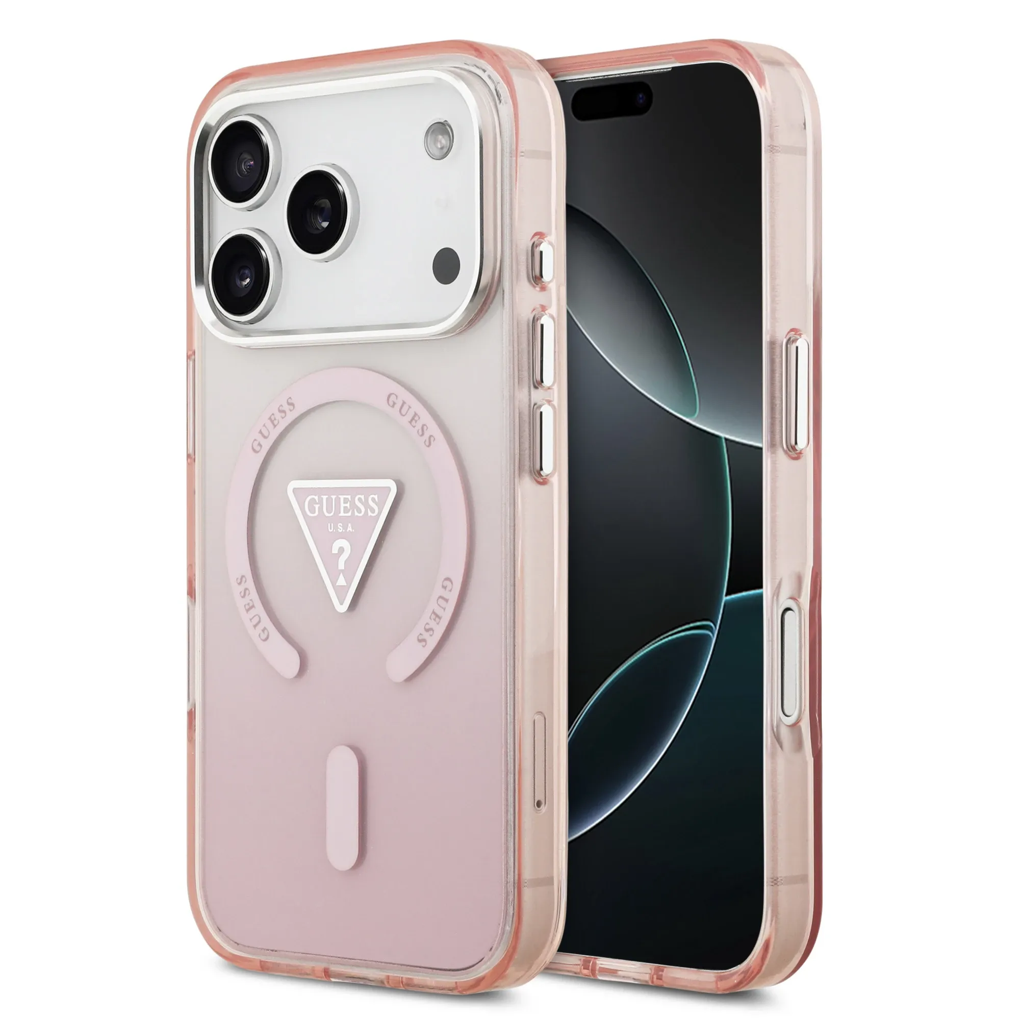 GUESS magnetinis dėklas telefonui IPHONE 17 Pro, suderinamas su MagSafe GUHMP17LHGTMLCGP (IML gradientinis dėklas su trikampiu logotipu) rožinis