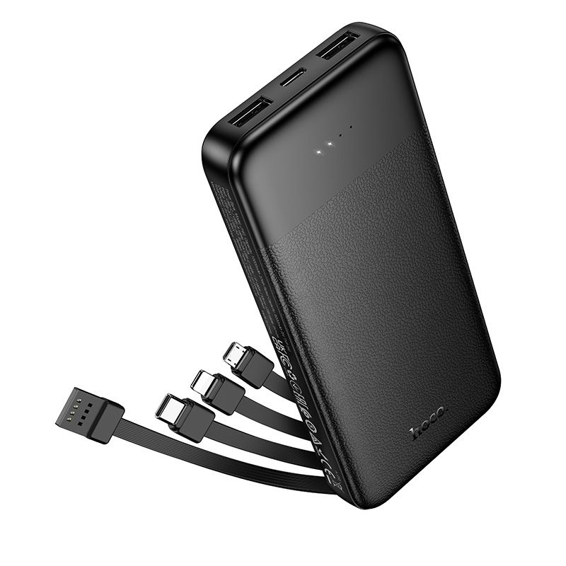 Išorinė baterija Hoco 10000 mAh 2A su keturiais integruotais laidais USB A + USB C + Lightning + Micro USB J163 juoda