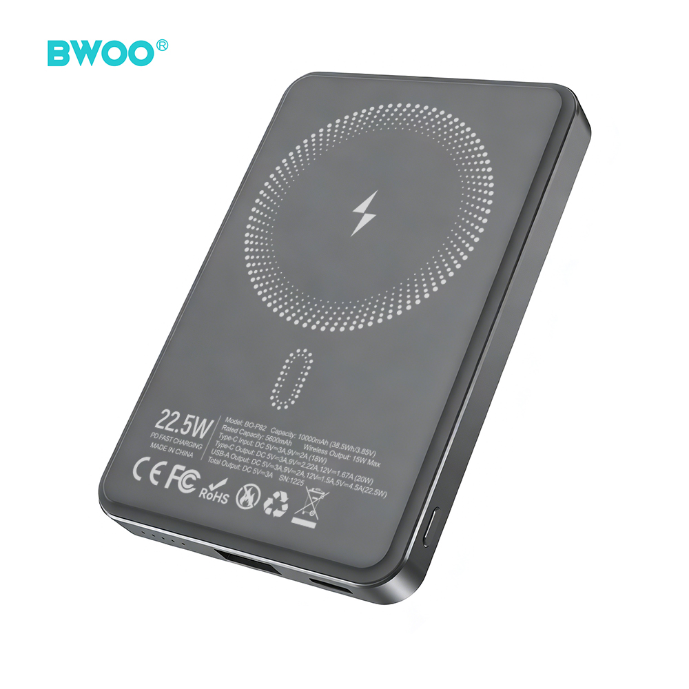 BWOO P82 10000mAh 15W išorinė baterija belaidis krovimas tamsiai pilka