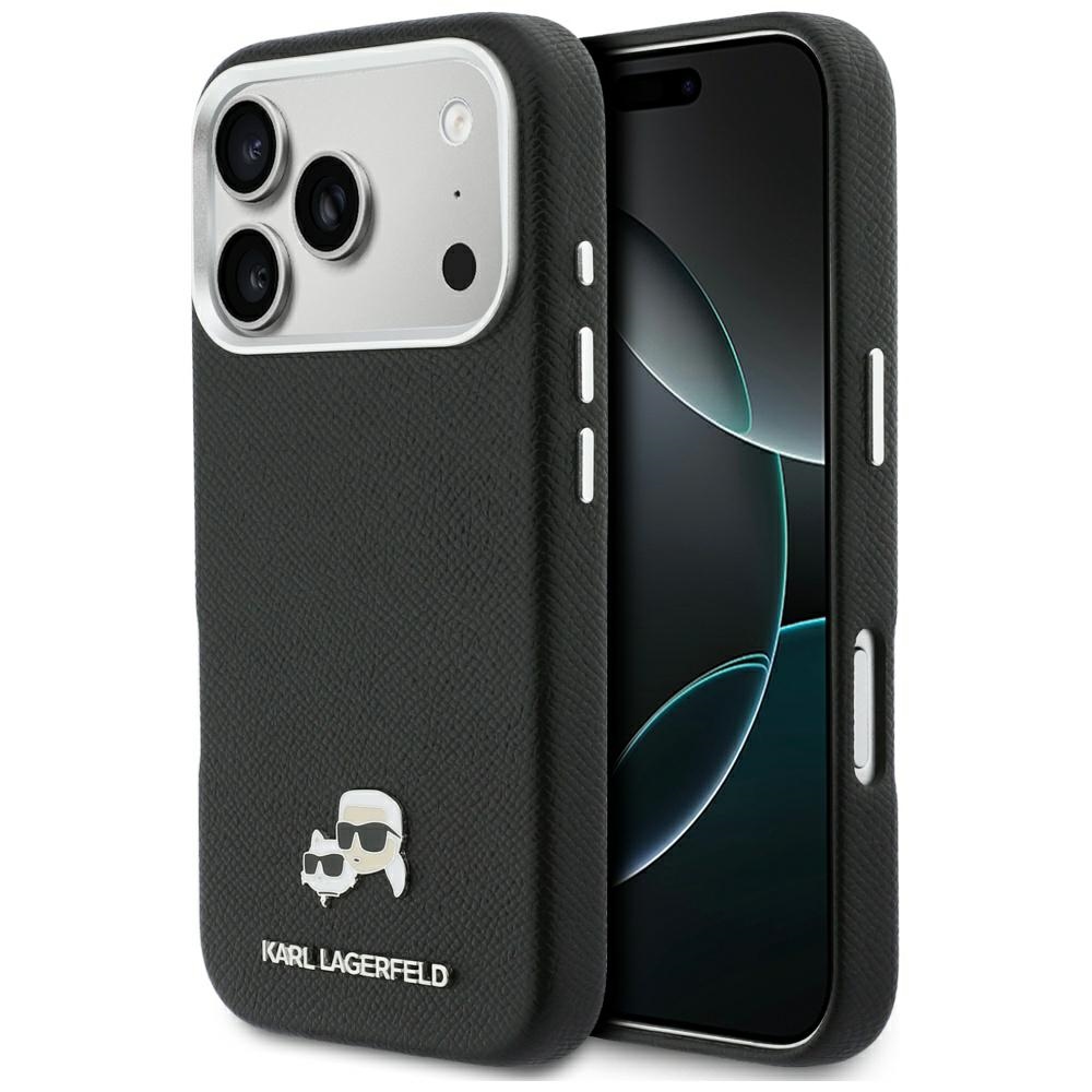 Dėklas Karl Lagerfeld PU Karl and Choupette Heads Pins MagSafe Apple iPhone 17 Pro juodas