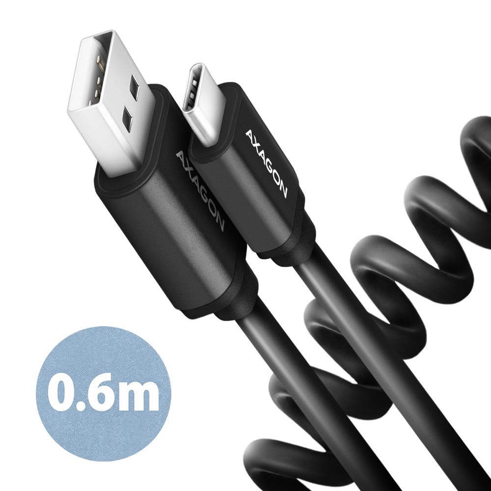 Axagon USB-C į USB2.0 laidas 0.6m susukamas juodas BUCM-AM10TB