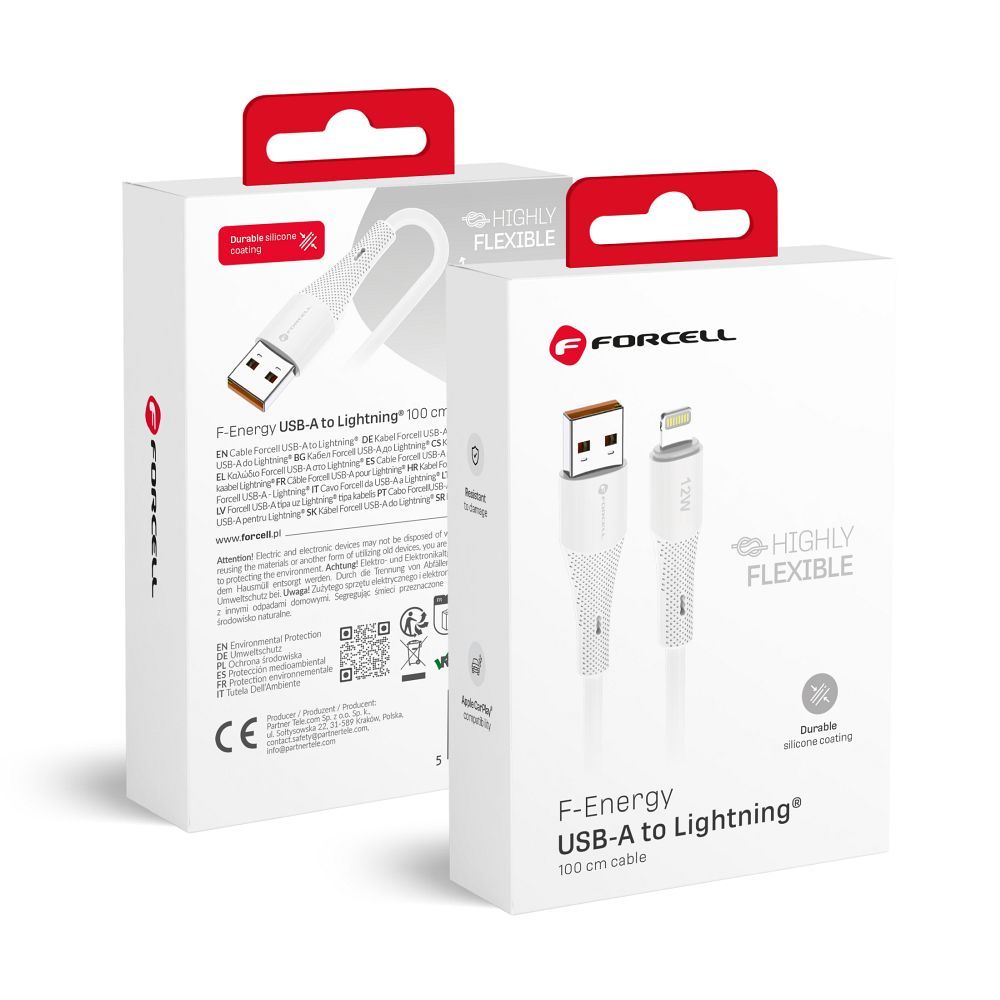 FORCELL F-ENERGY C343 kabelis USB A į Lightning 2,4A 12W Silicone 1 m baltas
