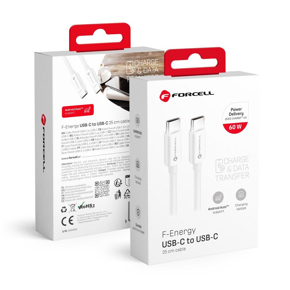FORCELL F-ENERGY C338 kabelis Type C į Type C PD QC4.0 3A 60W 0,25 m baltas