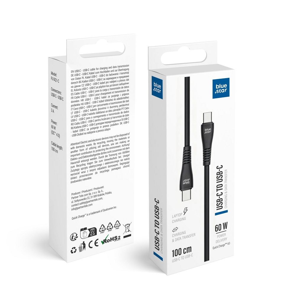 Kabelis USB C - USB C Blue Star 3A 60W QC4.0 1 m PJ-DQ1-C juodas