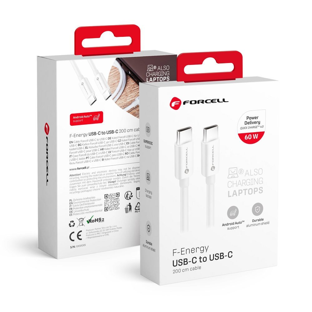 Kabelis FORCELL F-ENERGY C338 Type C į Type C PD QC4.0 3A 60W 2 m baltas