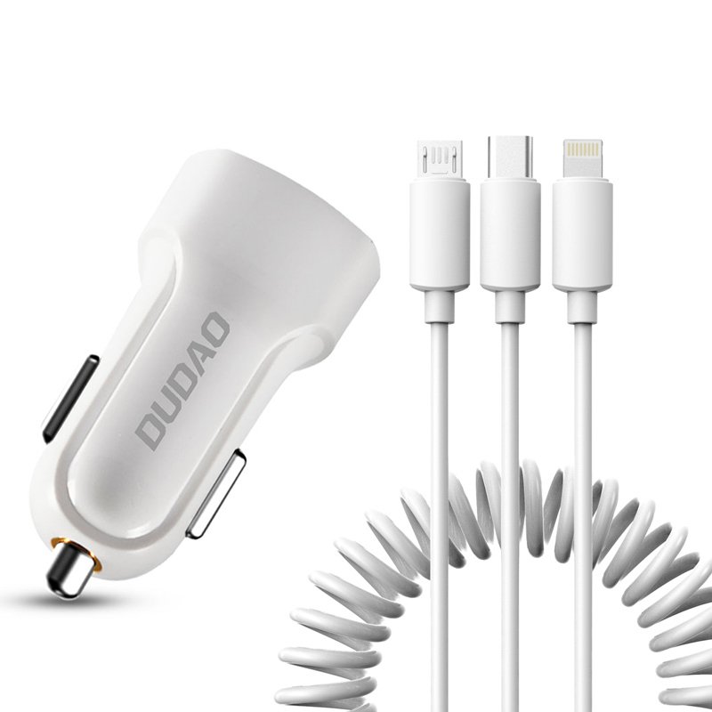 Įkroviklis automobilinis Dudao R7 (2xUSB; 2.4A) + 3in1 laidas lightning+micro+type-C baltas