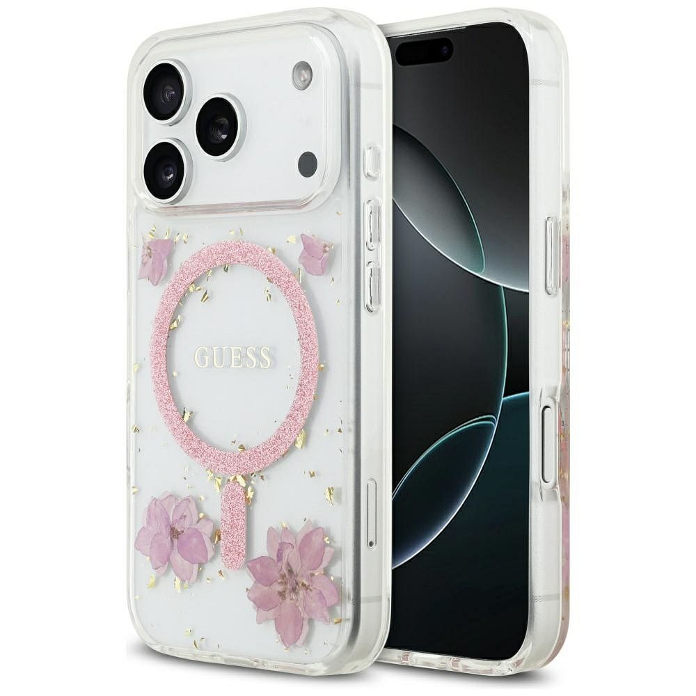 Guess dervos gėlės blizgus magnetinis dėklas telefonui iPhone 17 Pro rožinis