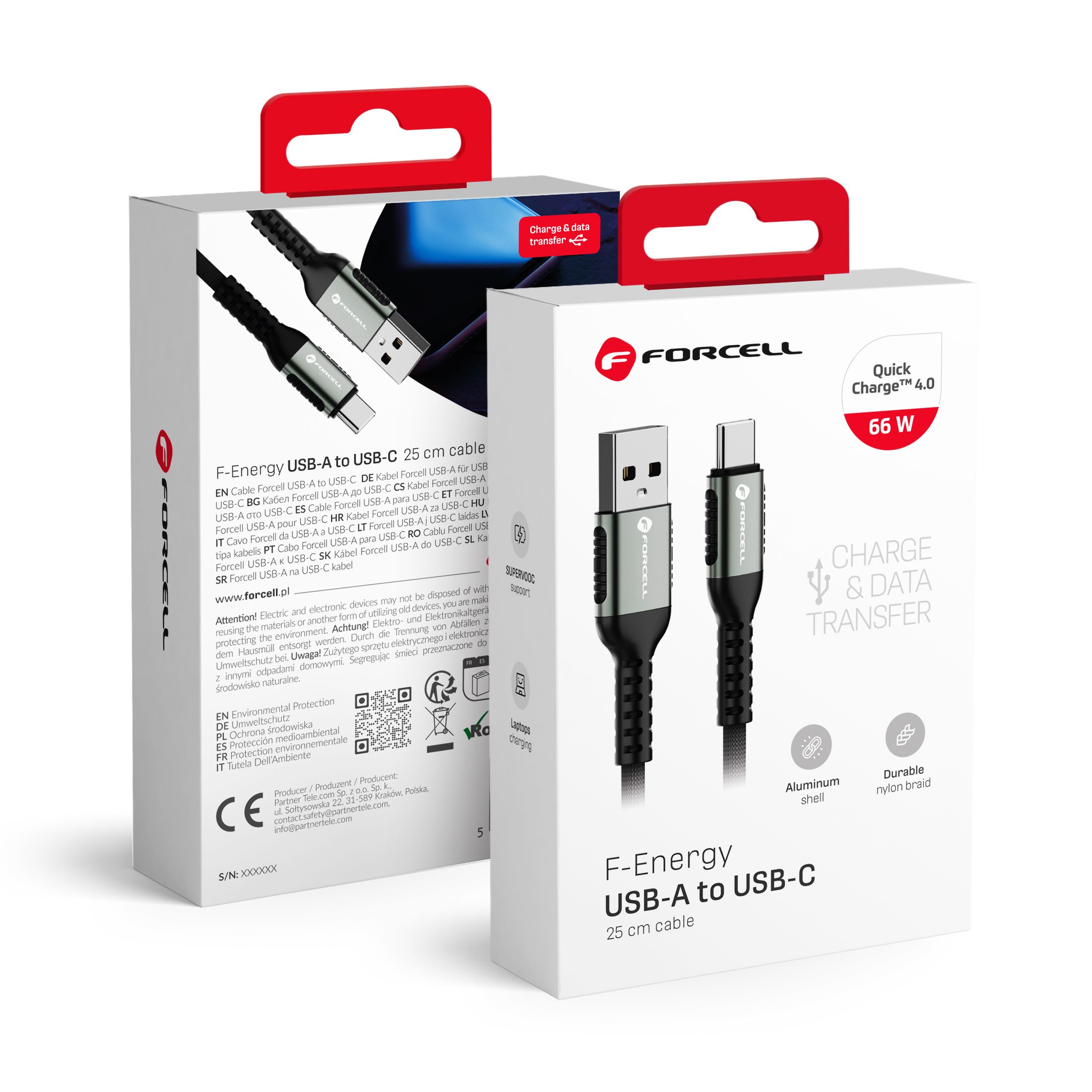 Kabelis (m) C256 USB A į Type C QC4.0 3A 66W Cafule 0,25 m juodas