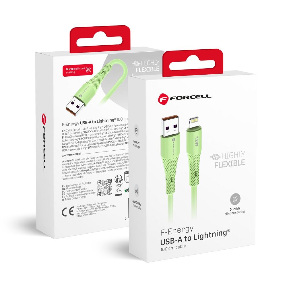 FORCELL F-ENERGY C343 kabelis USB A į Lightning 2,4A 12W Silicone 1 m žalias