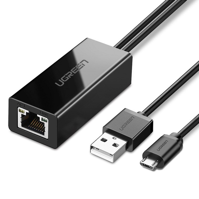 Ugreen 30985 išorinė tinklo plokštė Chromecast su micro USB / USB-A jungtimis 100Mb/s 1m juoda