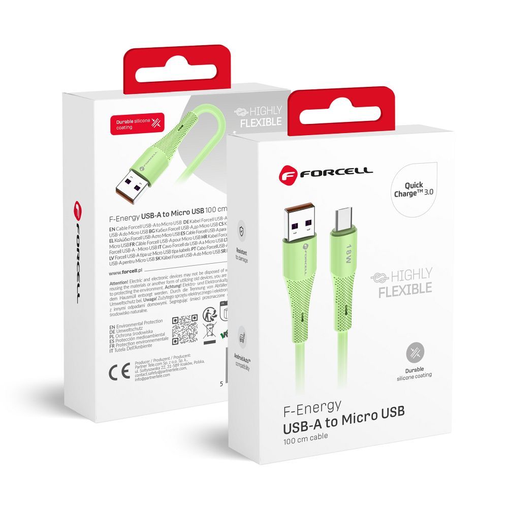 Kabelis FORCELL F-ENERGY C351 USB A į Micro USB QC3.0 2,4A 18W Silikoninis 1 m žalias (m)