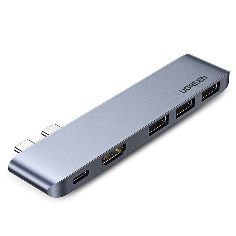 Ugreen HUB 60559 2x USB-C / USB-C PD (Thunderbolt 3, 100W, 4K 60 Hz, 10 Gbps) / HDMI 4K 30 Hz / 3x USB 3.0 MacBook Pro / Air - pilkas