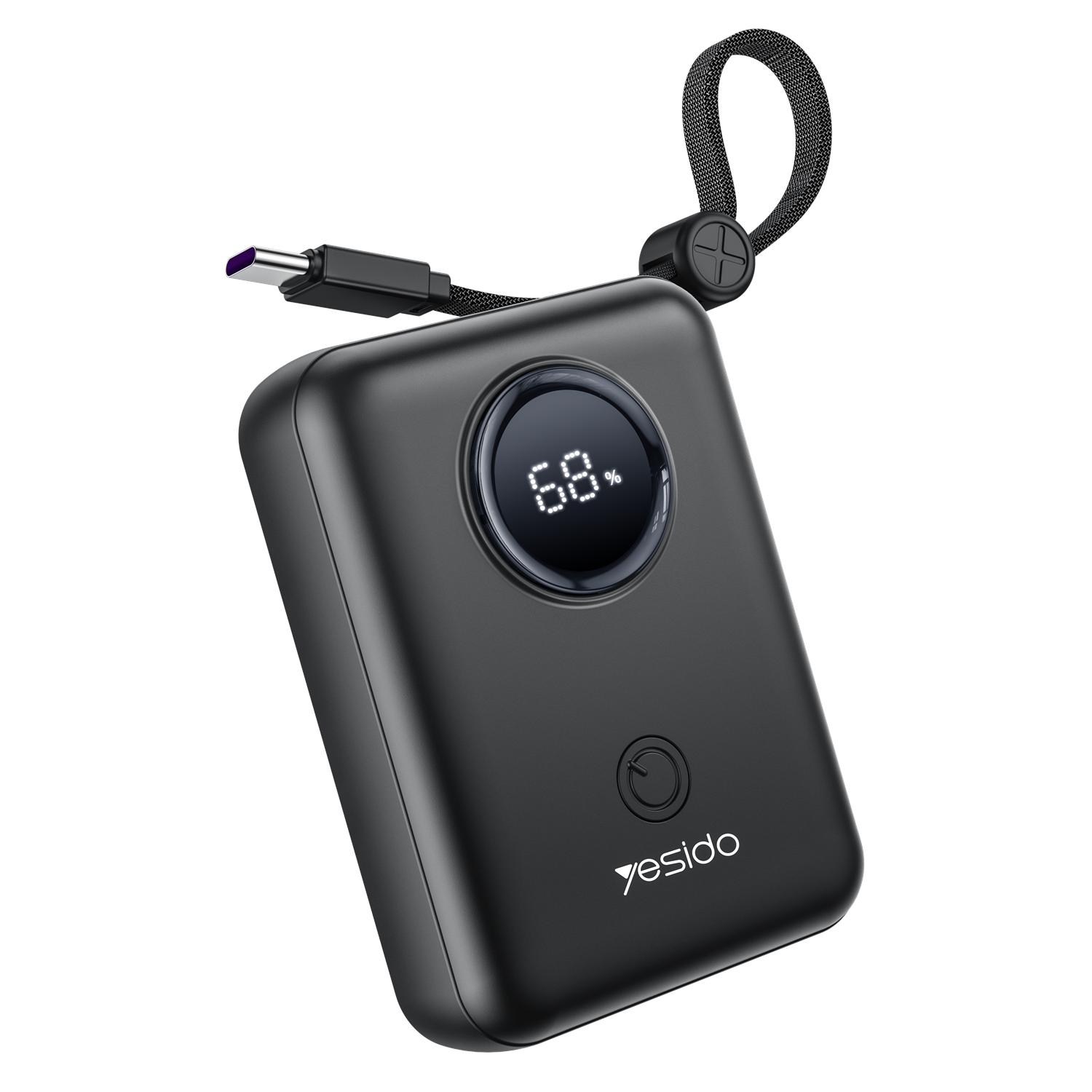 YESIDO POWERBANK YP64 10000mAh 22,5W LED USB-A+C + USB-C/LIGHTNING LAIDAS juodas