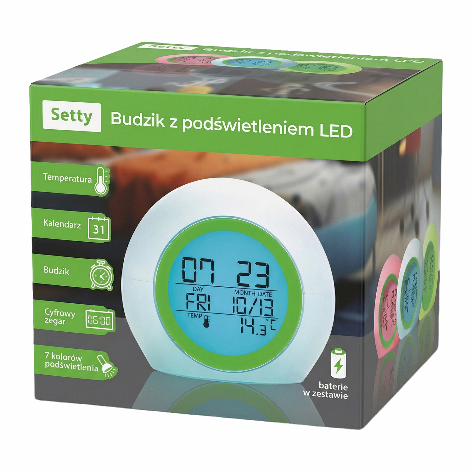 "Setty" žadintuvas su žalia LED šviesa