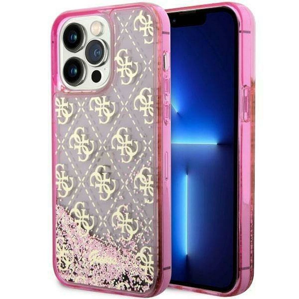 Guess GUHCP14LLC4PSGP iPhone 14 Pro 6.1" rožinis kietas dėklas telefonui su skystu blizgučiu 4G pusiau permatomas