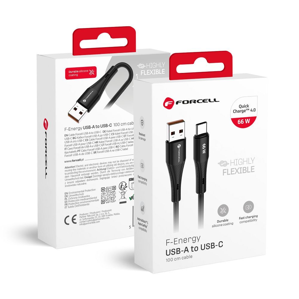 FORCELL F-ENERGY C342 kabelis USB A į Type C QC4.0 3A 66W Silikoninis 1 m juodas