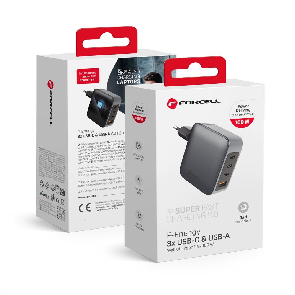 FORCELL F-ENERGY GaN VT-46 pilkas kelioninis įkroviklis 3 x Type C + USB A PD QC4.0 5A 100W su PD