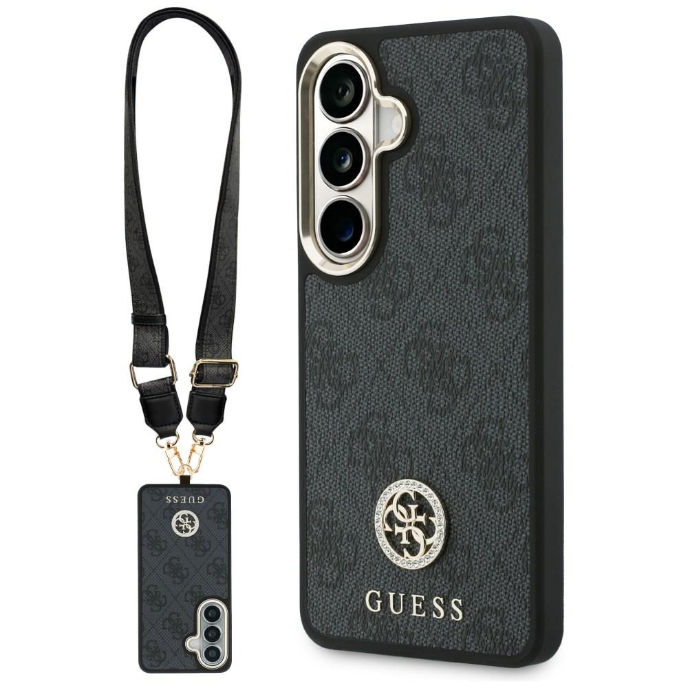 Guess 4G Big Rhinestone Triangle Strap MagSafe dėklas + dirželis Samsung Galaxy S26 juodas