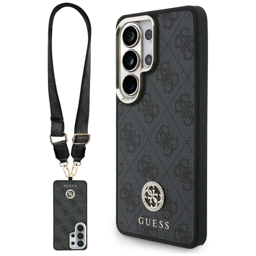 Guess 4G Big Rhinestone Triangle Strap MagSafe dėklas + dirželis Samsung Galaxy S26 Ultra juodas