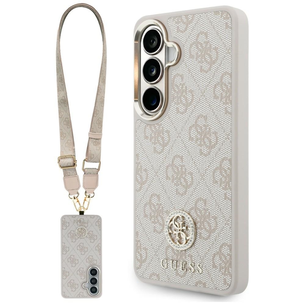 Guess 4G Big Rhinestone Triangle Strap MagSafe dėklas + dirželis Samsung Galaxy S26 rožinis