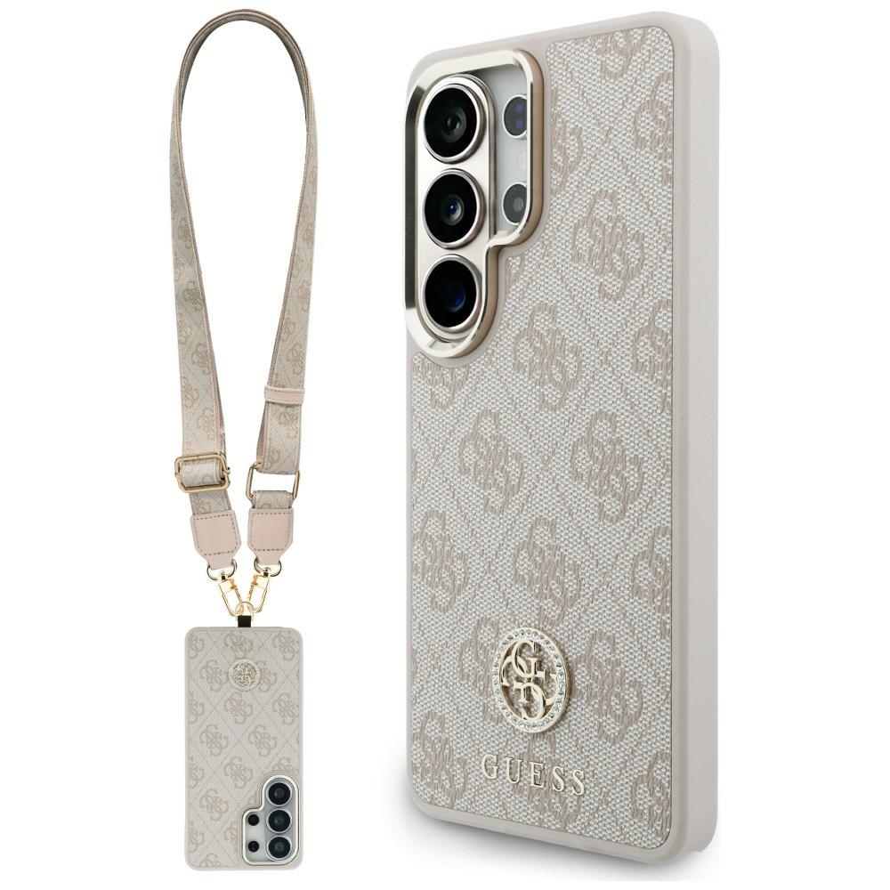 Guess 4G Big Rhinestone Triangle Strap MagSafe dėklas + dirželis Samsung Galaxy S26 Ultra rožinis