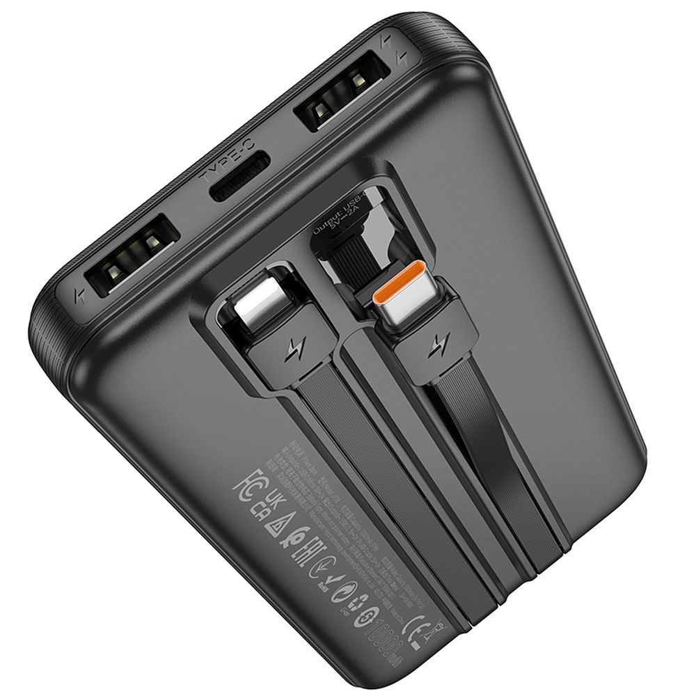 Išorinė baterija Hoco 10000 mAh 2A su įmontuotais kabeliais USB C + Lightning J118 juoda