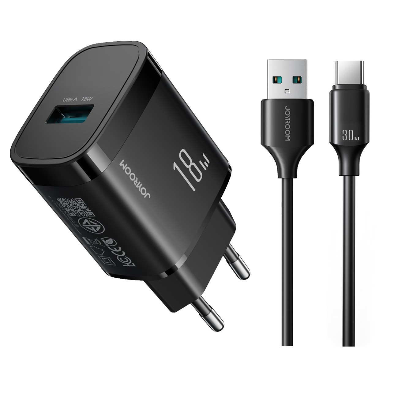 Joyroom JR-TF4 18W sieninis įkroviklis su 3A USB-A - USB-C 1m laidu juodas