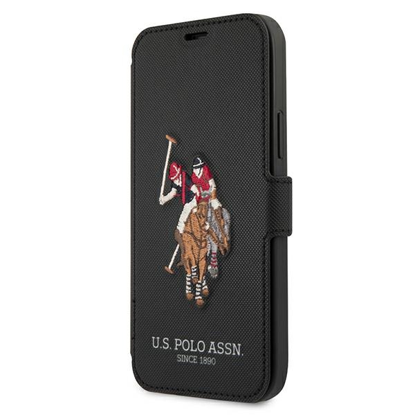 US Polo USFLBKP12SPUGFLBK iPhone 12 mini 5,4" juodas knygos tipo dėklas Polo Embroidery Collection