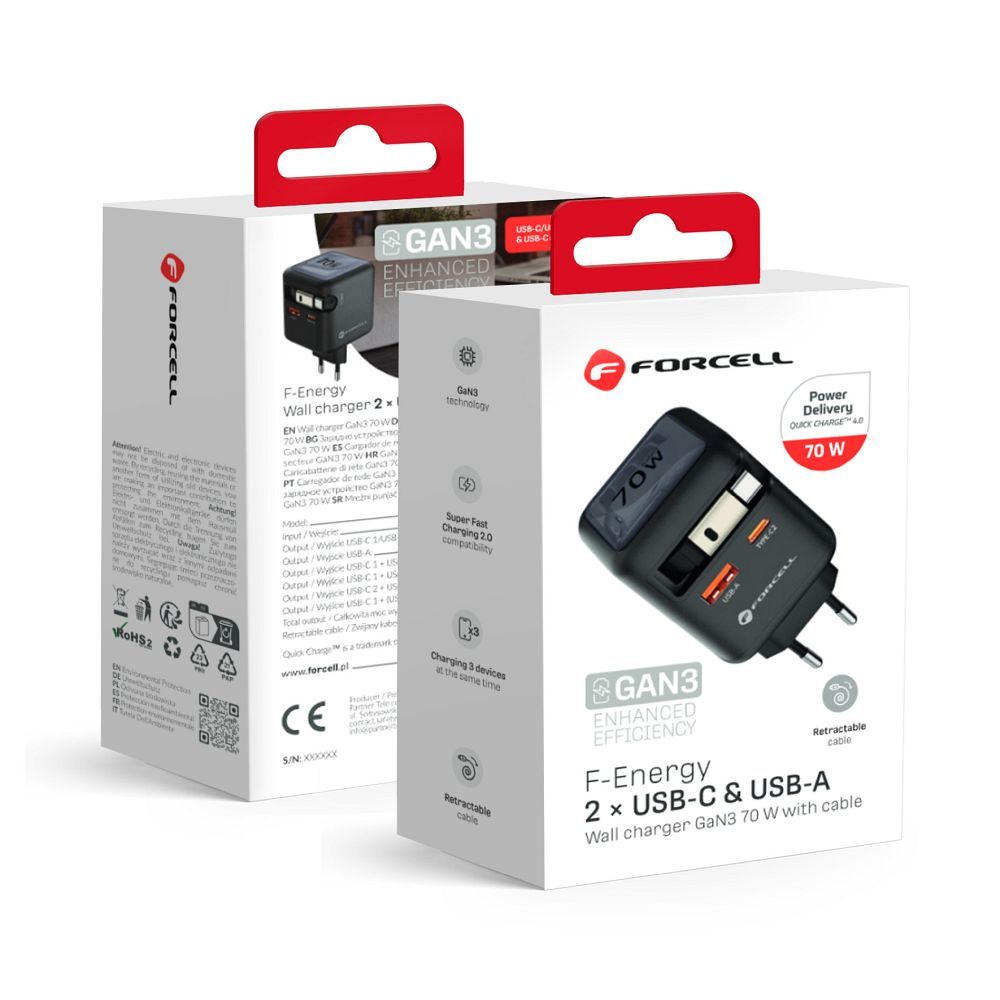 FORCELL F-ENERGY GaN III VT-R7 kelioninis įkroviklis su ištraukiamu kabeliu Type C ir 1x Type C, 1x USB A įkrovimo prievadais PD QC4.0 3A 70W pilkas