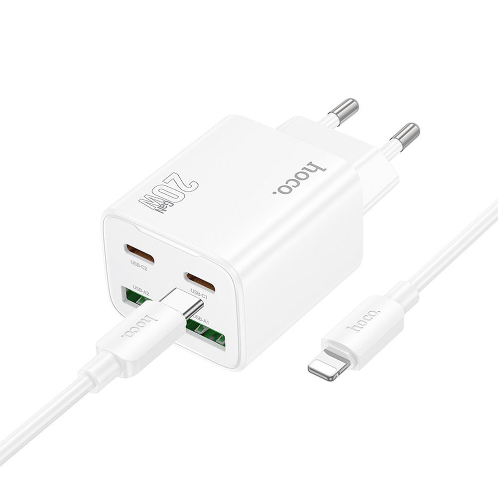 Įkroviklis telefonui Hoco 2 x USB C + 2 x USB A QC3.0 PD 3A 20W + kabelis USB C į Lightning N55 balta