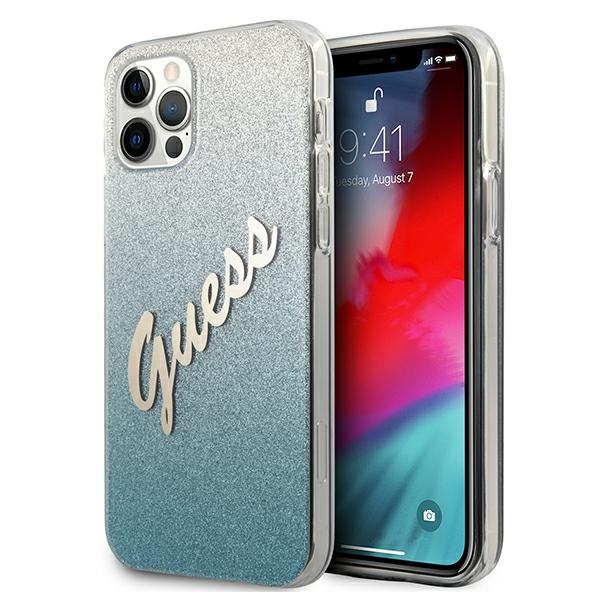 Guess GUHCP12LPCUGLSBL iPhone 12 Pro Max 6.7" mėlynas kietasis dėklas Glitter Gradient Script