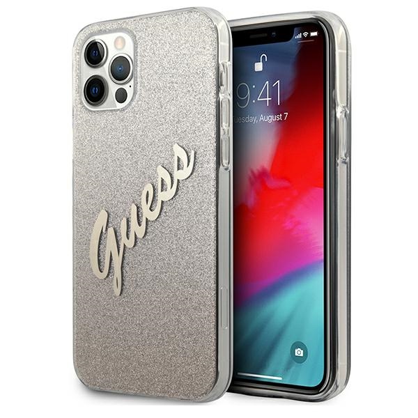 Guess GUHCP12LPCUGLSGO iPhone 12 Pro Max 6.7" auksinis kietasis dėklas Glitter Gradient Script