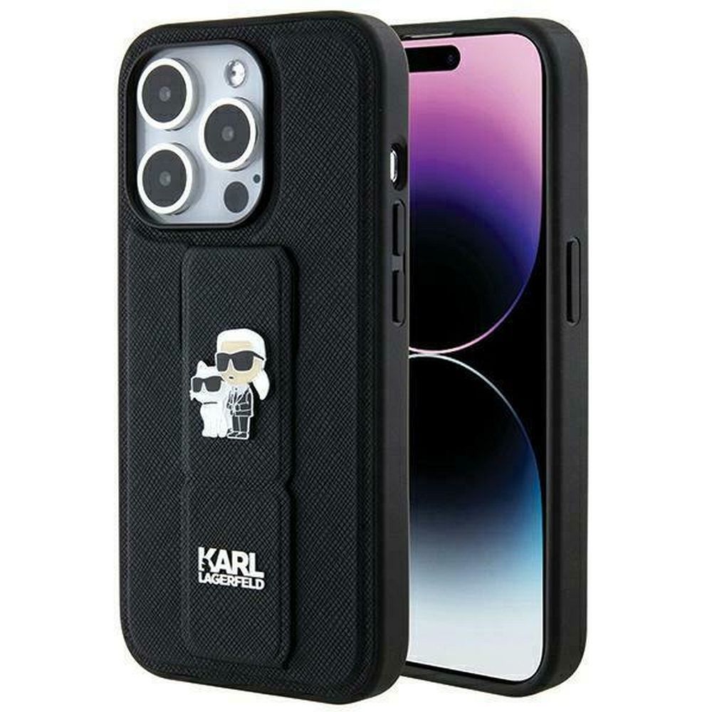Karl Lagerfeld Gripstand Saffiano Karl&Choupette Pins dėklas telefonui iPhone 14 Pro - juodas